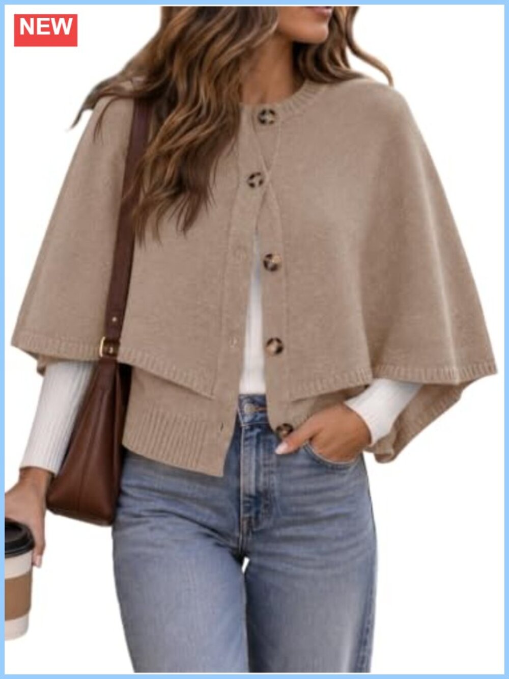 Cropped Cape Cardigan Button Up Crew Neck Knit Sweater Loose Fit